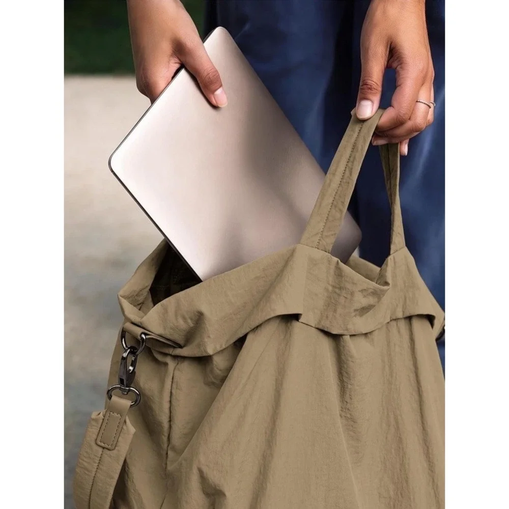 15in Laptop Tote Bag Beige Nylon Solid Water Resistant Adjustable Strap w/ Strap